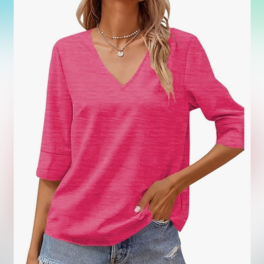 Half Sleeve V-Neck T-Shirt Loose Basic top Solid Pink Women's Large